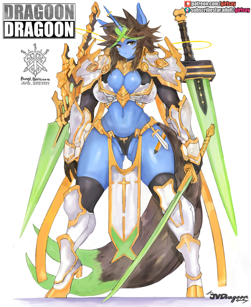 anthro blue_body breasts brown_hair butt_from_the_front cleavage clothed clothing equid equine female girlsay hair hi_res horn mammal melee_weapon simple_background solo sword unicorn weapon white_background wide_hips