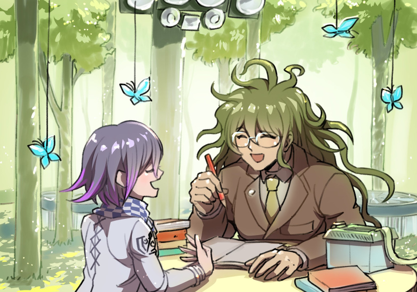 2boys :d bangs blue_butterfly book book_stack box brown_jacket bug butterfly checkered checkered_scarf closed_eyes collared_shirt danganronpa_(series) danganronpa_v3:_killing_harmony facing_another forest glasses gokuhara_gonta green_hair grey_jacket grey_scarf highres holding holding_pencil insect jacket long_hair long_sleeves medium_hair messy_hair multicolored_hair multiple_boys nature necktie open_mouth ouma_kokichi outdoors pencil pink_hair purple_hair purple_scarf rimless_eyewear scarf school_uniform shiny shiny_hair shirt smile table tree two-tone_hair youko-shima