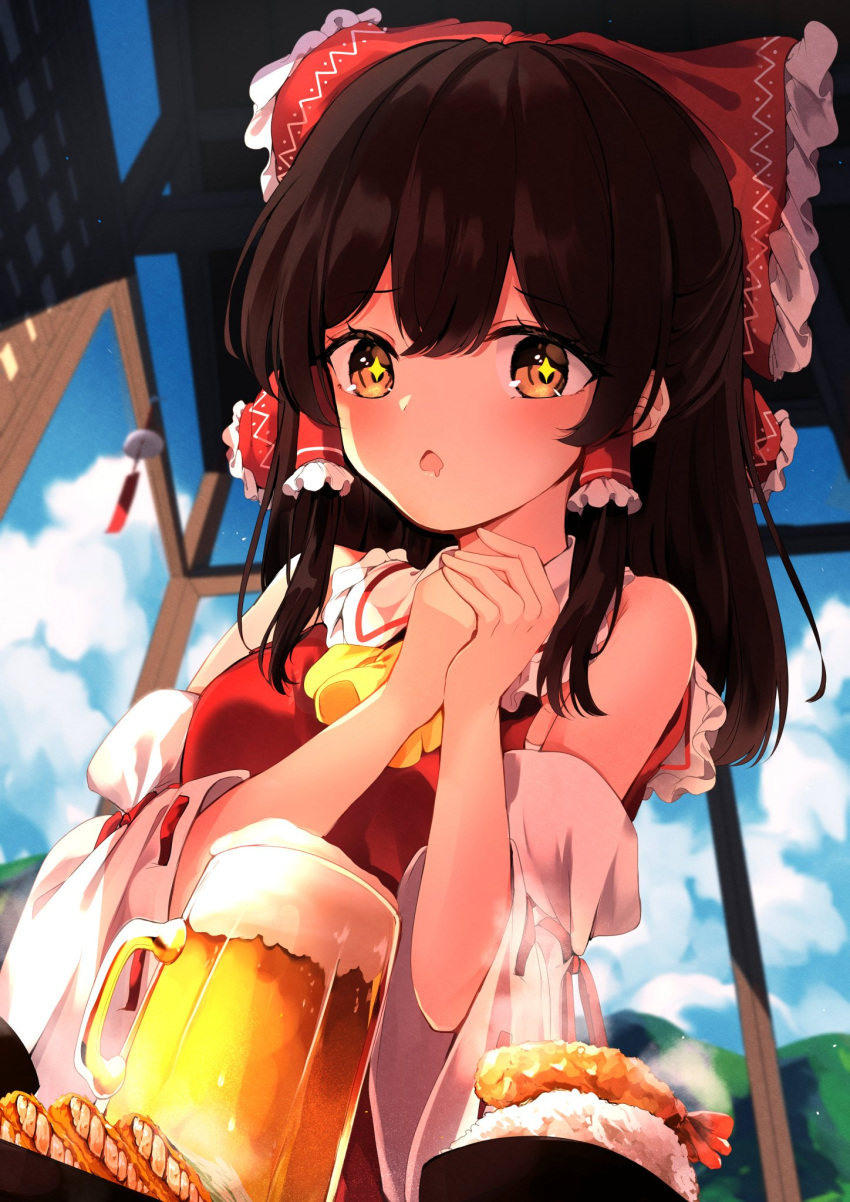 +_+ 1girl alcohol ascot bangs bare_shoulders beer beer_mug black_hair blush bow brown_eyes commentary_request cup detached_sleeves dress food frilled_shirt_collar frills hair_bow hair_tubes hakurei_reimu highres hunya long_hair long_sleeves looking_at_food mouth_drool mug own_hands_together red_bow red_dress rice sidelocks solo tempura touhou upper_body yellow_neckwear