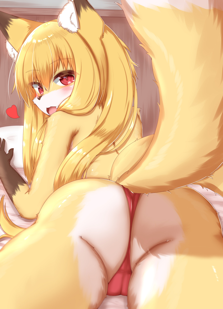 &lt;3 2021 anthro bed blonde_hair blush brown_body brown_fur brown_nose butt butt_focus camel_toe canid canine cheek_tuft clothed clothing cute_fangs dipstick_ears dipstick_tail facial_tuft female fingers fluffy fluffy_tail fox fur furniture gloves_(marking) hair hi_res horokusa0519 inner_ear_fluff kemono long_hair looking_at_viewer looking_back lying mammal markings multicolored_body multicolored_ears multicolored_fur multicolored_tail on_bed on_front open_mouth panties panties_only pillow red_eyes solo tight_clothing tongue topless tuft underwear underwear_only white_body white_fur yellow_body yellow_fur