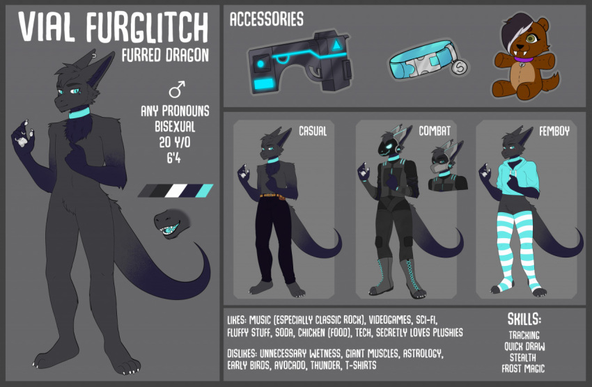 2021 anthro armor belt biped black_body black_bottomwear black_clothing black_pants blue_clothing blue_collar blue_eyes boots bottomwear brown_eyes chest_tuft clothed clothing collar collar_tag crop_top crop_top_hoodie cropped_hoodie digital_media_(artwork) dragon ear_piercing ear_ring eye_markings facial_markings fangs footwear fur furred_dragon grey_background gun hair head_markings headgear helmet hoodie kasscabel legwear machine male mammal markings model_sheet mottled mouth_shot multicolored_body multicolored_fur navel open_mouth pants pattern_clothing pattern_legwear pawpads paws piercing plushie protogen protogen_visor purple_body purple_collar ranged_weapon rifle sabertooth_(anatomy) sabertoothed_weasel shirt silver_piercing simple_background sky_furglitch solo striped_clothing striped_legwear stripes teeth text thigh_highs topwear tuft vial_(furglitch) visor weapon wingless_dragon