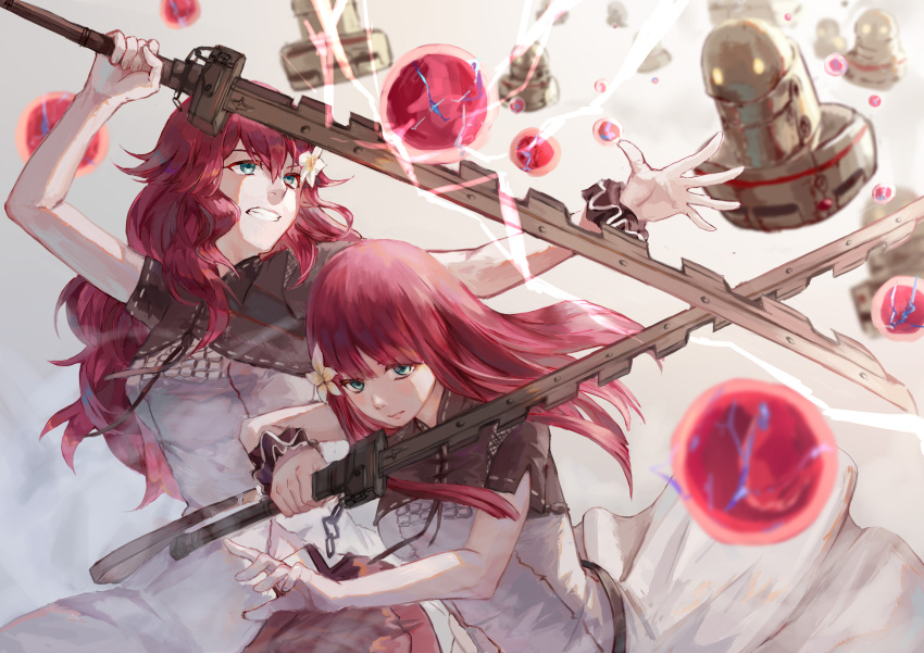 2girls aqua_eyes arms_up bangs blocking blunt_bangs breasts clenched_teeth commentary devola dress energy_ball fighting flower hair_flower hair_ornament highres holding holding_sword holding_weapon long_hair luciaz multiple_girls nier_(series) nier_automata popola red_hair robot short_sleeves siblings sisters spoilers sword teeth twins weapon