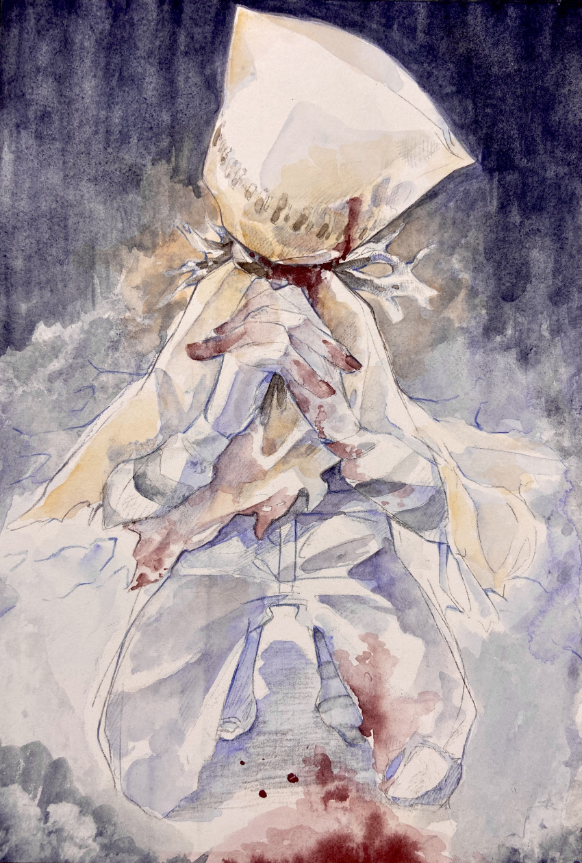 1boy absurdres bag_over_head cape colored_skin hands_together highres identity_v kneeling pants pi_(pixiv_68366372) robbie_white solo white_pants white_skin