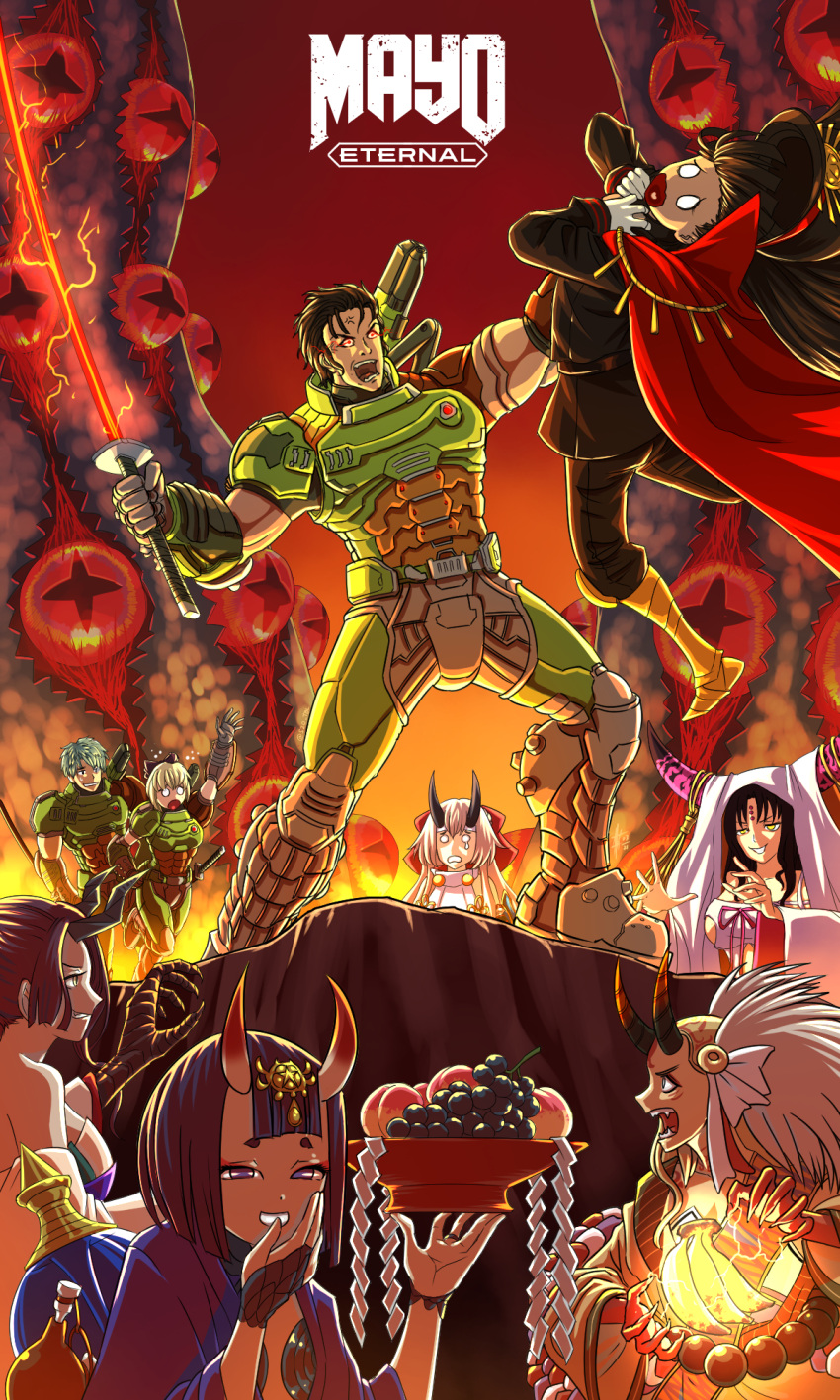 3boys 6+girls anger_vein arm_up asphyxiation banana bangs black_horns brown_footwear character_request choking claws cosplay demon_girl doom_(series) doom_eternal doomguy doomguy_(cosplay) fate/grand_order fate_(series) flaming_sword flaming_weapon food fruit gloves glowing glowing_eyes grapes hair_ornament highres horns ibaraki_douji_(fate) magic multiple_boys multiple_girls oda_nobunaga_(fate)_(all) oni oni_horns peach purple_eyes red_background red_eyes sheath sheathed shide shuten_douji_(fate) smile substance20 sword tomoe_gozen_(fate) weapon yellow_eyes