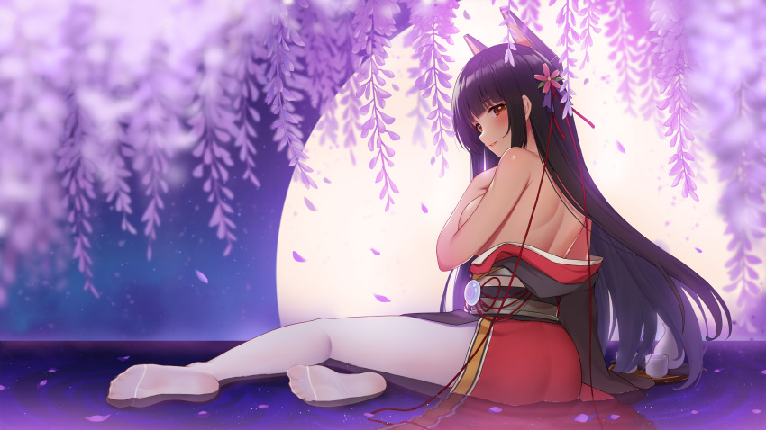 akagi_(zhanjian_shaonu) animal_ears anthropomorphism ass barefoot breast_hold fukuro_ko_(greentea) japanese_clothes kimono long_hair moon no_bra pantyhose sky zhanjian_shaonu