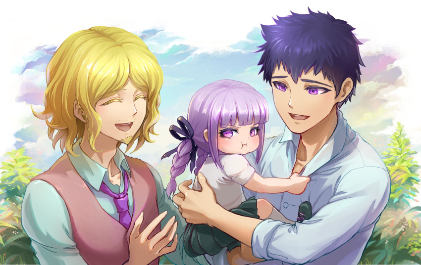 1girl 2boys :d angry bangs black_ribbon black_skirt blonde_hair blush braid closed_eyes closed_mouth collarbone collared_shirt commentary_request danganronpa_(series) danganronpa_kirigiri day dress_shirt facial_hair father_and_daughter goatee hair_ribbon highres kirigiri_jin kirigiri_kyouko long_hair looking_at_another matsuda_yasuke multiple_boys necktie open_mouth outdoors pink_vest pleated_skirt pout purple_eyes purple_hair ribbon shirt shirt_grab short_hair short_sleeves skirt smile toddler twin_braids upper_body vest white_shirt youko-shima younger