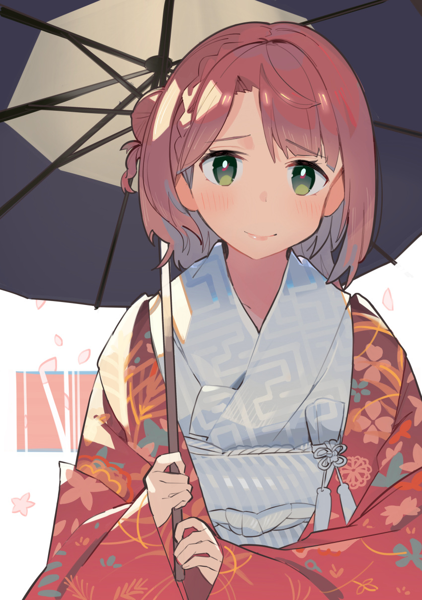 1girl absurdres bangs black_umbrella blush braid closed_mouth commentary_request eyebrows_visible_through_hair green_eyes hair_bun highres holding holding_umbrella huge_filesize japanese_clothes kasa_list kimono long_sleeves looking_at_viewer love_live! love_live!_nijigasaki_high_school_idol_club obi open_clothes petals red_hair sash sleeves_past_wrists smile solo uehara_ayumu umbrella upper_body white_kimono wide_sleeves