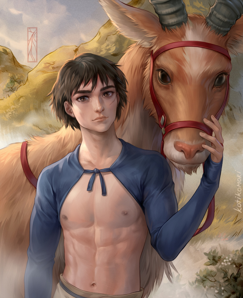 1boy abs absurdres animal artist_name ashitaka bangs bare_pectorals black_hair day elk hand_up highres horns kotikomori light_smile lips looking_at_viewer male_focus mononoke_hime nagatekkou navel nipples nose outdoors pectorals realistic reins scar scar_on_face short_hair signature solo standing upper_body yakuru