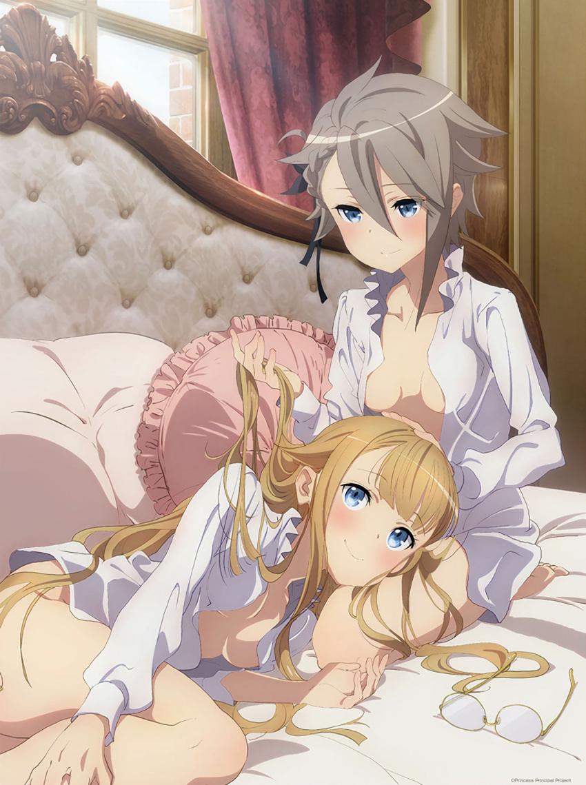 2girls ange_(princess_principal) artist_request bed blonde_hair blue_eyes blush bottomless braid breasts closed_mouth collarbone eyebrows_visible_through_hair eyewear_removed glasses grey_hair hair_ornament hair_ribbon highres indoors lap_pillow long_hair looking_at_another multiple_girls no_bra no_panties official_art on_bed open_clothes open_shirt princess_(princess_principal) princess_principal ribbon shiny shiny_hair shirt short_hair small_breasts smile source_request white_shirt window yuri