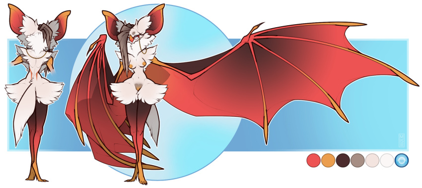 anthro big_ears breasts chiropteran digitigrade eyewear featureless_crotch female fur glasses hi_res mammal membrane_(anatomy) membranous_wings misericorde model_sheet nipples nude small_waist solo standing white_body white_fur wings