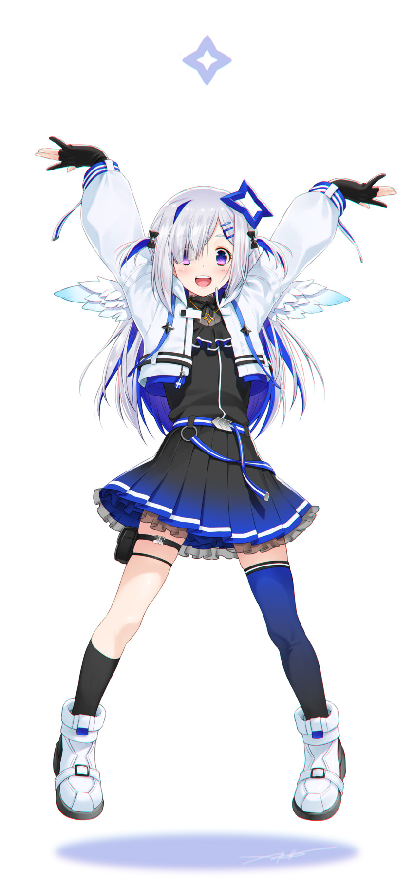 1girl absurdres amane_kanata angel_wings asymmetrical_legwear bangs belt black_bow black_legwear black_shirt black_skirt blue_hair blue_legwear blue_skirt bow eyebrows_visible_through_hair fingerless_gloves full_body gloves gradient gradient_legwear gradient_skirt hair_bow hair_ornament hair_over_one_eye hairclip hands_up highres hololive holster jacket jewelry kazuma_muramasa legs_apart long_hair looking_at_viewer multicolored_hair neck_ruff necklace official_alternate_costume open_clothes open_jacket open_mouth pleated_skirt purple_eyes shirt shoes sidelocks signature silver_hair single_thighhigh skindentation skirt smile sneakers solo streaked_hair swept_bangs thigh_holster thigh_strap thighhighs upper_teeth virtual_youtuber white_jacket wings