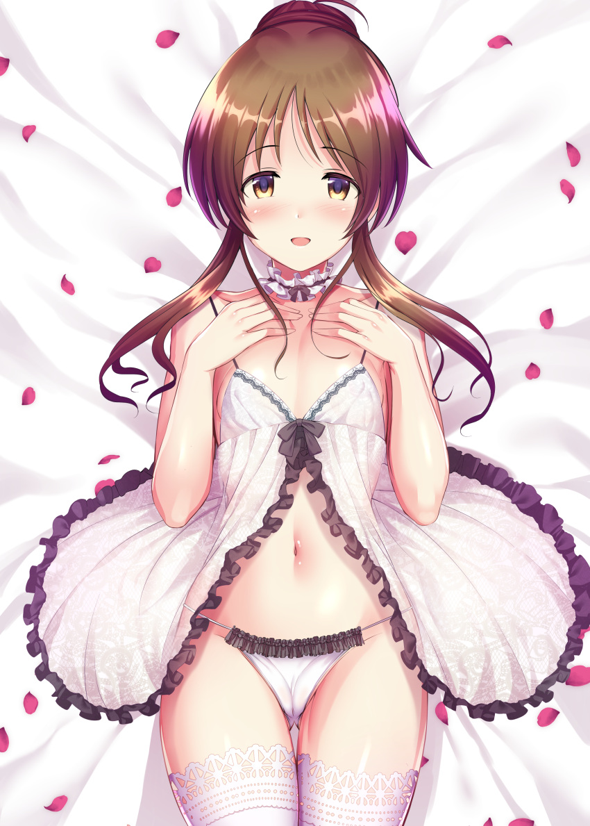 1girl :d absurdres bangs breasts brown_eyes brown_hair choker commentary_request eyebrows_visible_through_hair frilled_panties frills hands_on_own_chest highres idolmaster idolmaster_cinderella_girls lingerie looking_at_viewer lying ment navel on_back open_clothes open_mouth panties petals sidelocks small_breasts smile solo takamori_aiko thigh_gap thighhighs underwear white_legwear white_panties
