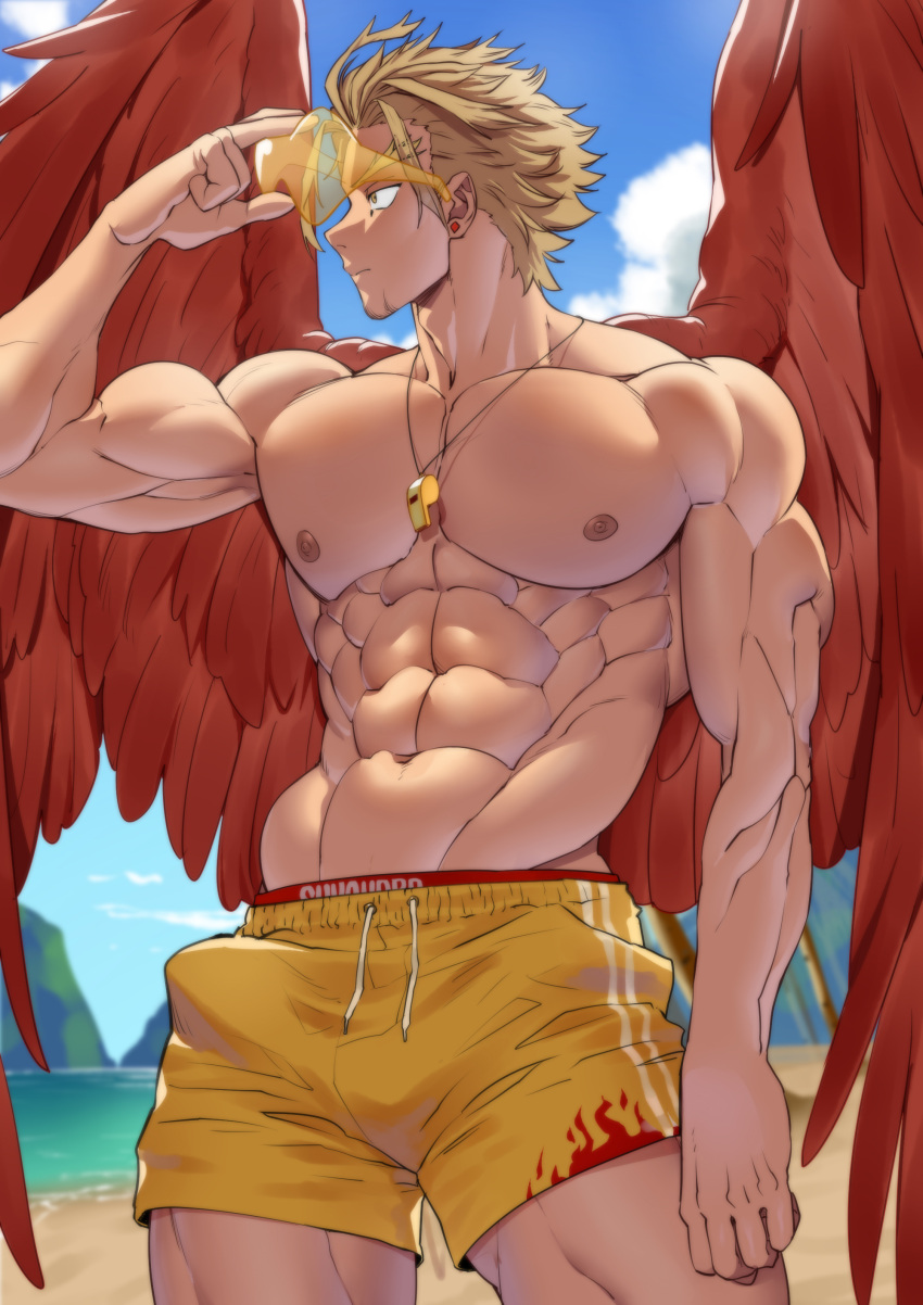 1boy abs absurdres alternate_costume alternate_pectoral_size bara bare_pectorals beach blonde_hair boku_no_hero_academia bulge cowboy_shot facial_hair feathered_wings hawks_(boku_no_hero_academia) highres large_pectorals lifeguard male_focus male_swimwear mature_male muscular muscular_male navel nipples outdoors pectorals red_wings short_hair solo stomach stubble suyobara swim_briefs swimwear thick_thighs thighs water whistle whistle_around_neck wings yellow_male_swimwear