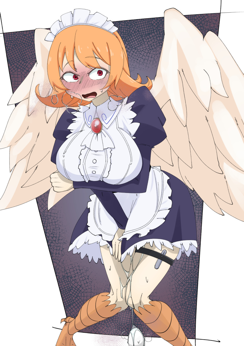 accessory animal_humanoid apron avian avian_humanoid bird_humanoid blush breasts breath clothed clothing dress egg feathered_wings feathers female frilly frilly_accessory frilly_apron frilly_clothing frilly_dress frilly_hairband hair_accessory hairband hi_res humanoid ishuzoku_reviewers knock-kneed maid_uniform meidri orange_scutes pale_skin pink_tongue red_eyes scutes solo tongue tyomoti uniform winged_humanoid wings