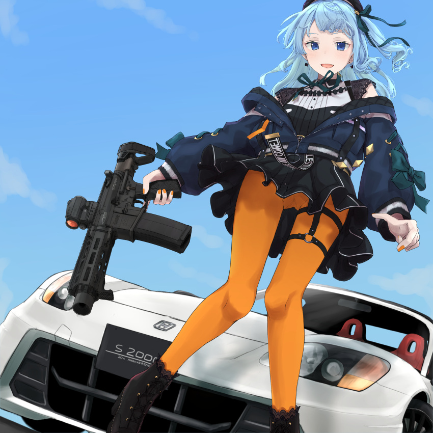 1girl absurdres ar-15 bangs black_footwear black_headwear black_skirt blue_eyes blue_hair blue_jacket boots car cross-laced_footwear earrings from_below ground_vehicle gun hat highres holding holding_gun holding_weapon hololive honda honda_s2000 hoshimachi_suisei jacket jewelry lace-up_boots long_hair long_sleeves looking_at_viewer motor_vehicle nail_polish one_side_up open_mouth orange_legwear orange_nails pantyhose pm_roasted_tea print_belt rifle skirt smile solo star_(symbol) star_in_eye symbol_in_eye thigh_strap trigger_discipline virtual_youtuber weapon