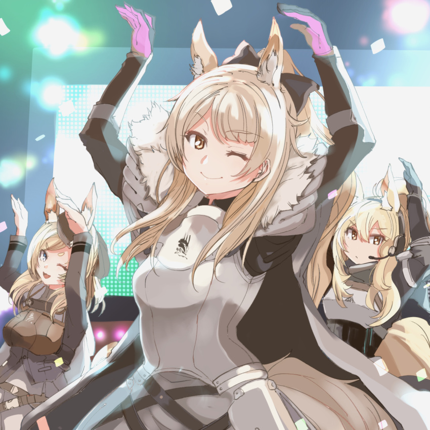 3girls animal_ear_fluff animal_ears arknights armor arms_up aunt_and_niece bangs black_headwear blemishine_(arknights) blonde_hair blue_eyes breastplate cape dancing eyebrows_visible_through_hair fang fur-trimmed_cape fur_trim garrison_cap grimjin hair_between_eyes hat headphones headset high_ponytail highres horse_ears horse_girl horse_tail kingdom_of_kazimierz_logo long_hair long_sleeves multiple_girls nearl_(arknights) one_eye_closed parody plate_armor siblings sisters smile stage tail umamusume whislash_(arknights) white_cape yellow_eyes yellow_tail