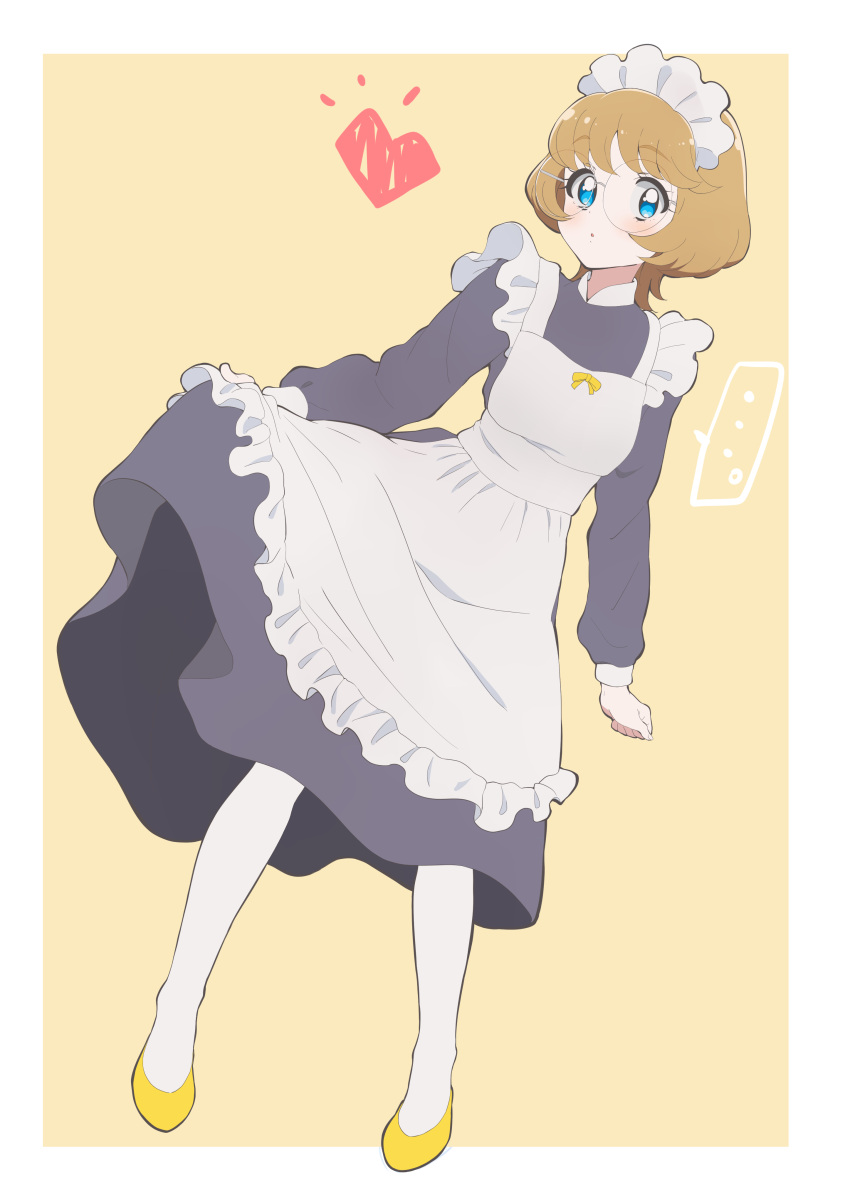 ... 1girl :o absurdres alternate_costume apron black_dress blue_eyes blush border bow brown_hair commentary_request dress dutch_angle enmaided expressionless frilled_apron frills full_body glasses heart highres ichinose_minori long_dress long_sleeves looking_at_viewer maid maid_apron maid_headdress open_mouth outside_border pantyhose precure round_eyewear short_hair simple_background skirt_hold solo speech_bubble tankobukids tropical-rouge!_precure white_apron white_border white_legwear yellow_background yellow_bow yellow_footwear