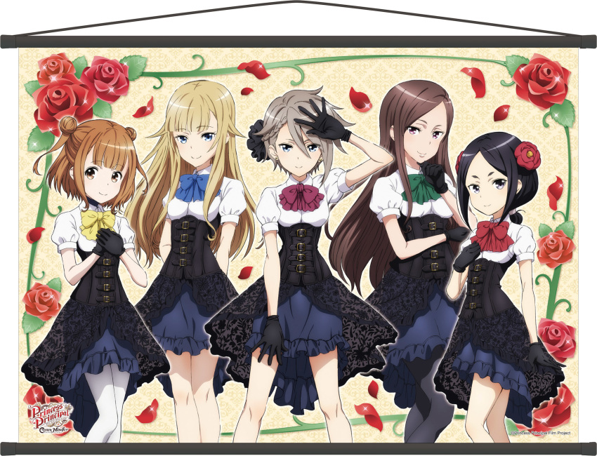 5girls ange_(princess_principal) artist_request beatrice_(princess_principal) black_gloves black_hair blonde_hair blue_eyes blue_neckwear blush bow bowtie breasts brown_eyes brown_hair closed_mouth dorothy_(princess_principal) double_bun dress flower frilled_dress frills gloves green_neckwear grey_hair hair_flower hair_ornament highres long_hair looking_at_viewer medium_breasts multiple_girls official_art pantyhose princess_(princess_principal) princess_principal purple_eyes purple_neckwear red_neckwear rose shiny shiny_hair short_hair small_breasts smile toudou_chise white_legwear yellow_neckwear