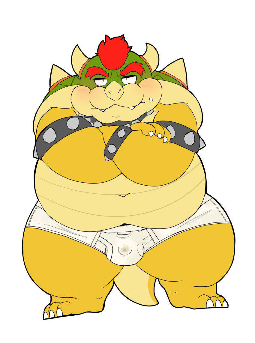 2021 96panda anthro balls_outline belly blush bowser bulge clothing cute_fangs genital_outline hi_res humanoid_hands kemono koopa male mario_bros navel nintendo overweight overweight_anthro overweight_male scalie simple_background solo underwear video_games white_background