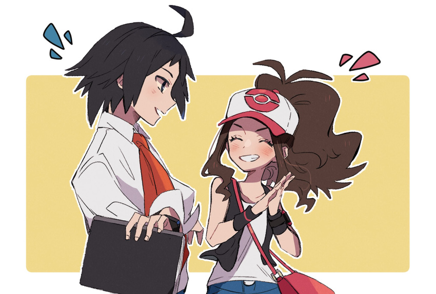 1boy 1girl antenna_hair bag baseball_cap black_vest blush brown_hair cheren_(pokemon) closed_eyes collared_shirt commentary_request eyelashes grin hands_together hat high_ponytail highres hilda_(pokemon) holding long_sleeves necktie ohds101 open_clothes open_mouth open_vest outline pokemon pokemon_(game) pokemon_bw pokemon_bw2 shirt shorts shoulder_bag smile vest white_shirt wristband