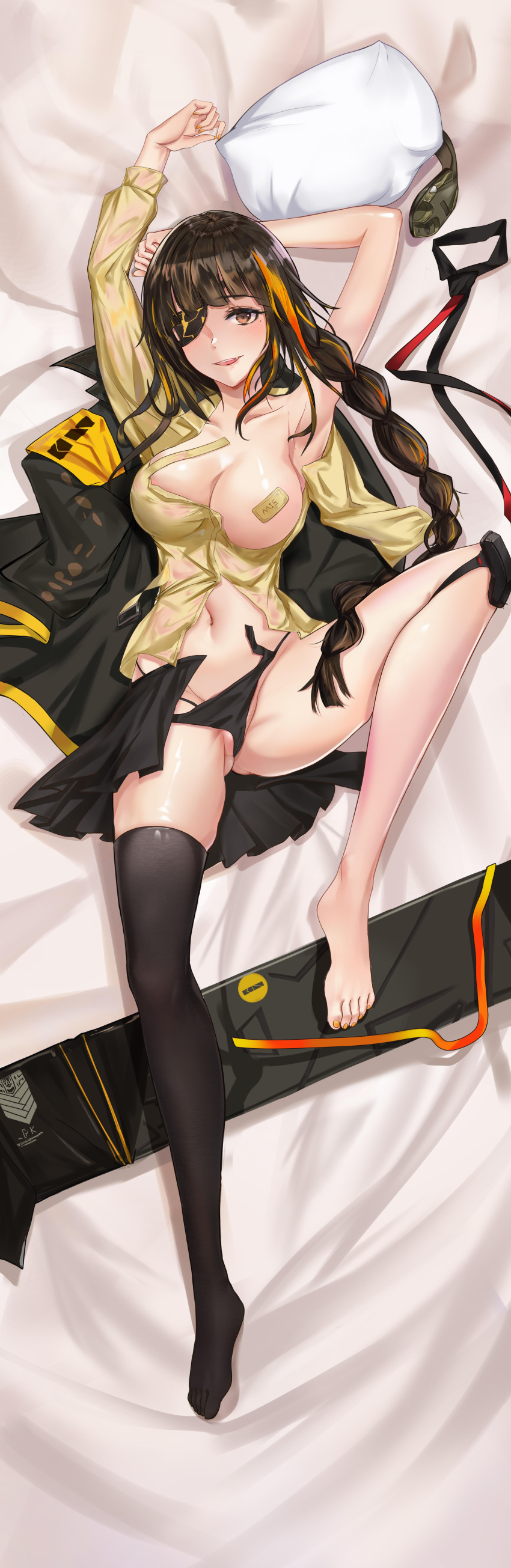 1girl absurdres ask---dududu blush braid breasts dakimakura_(medium) eyepatch fang girls_frontline highres large_breasts long_hair m16a1_(girls_frontline) parted_lips single_thighhigh skindentation smile solo thighhighs very_long_hair