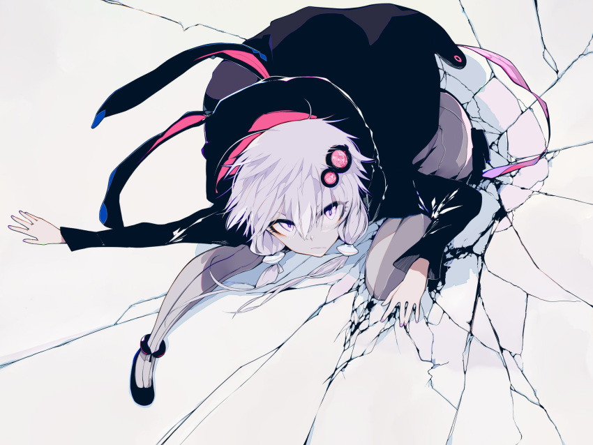 1girl black_footwear black_hoodie commentary cracked_wall from_above frown grey_legwear hair_ornament highres hood hood_down hoodie landing long_hair long_sleeves looking_at_viewer outstretched_arm purple_eyes shoes short_hair_with_long_locks solo squatting susumu vocaloid voiceroid white_hair yuzuki_yukari