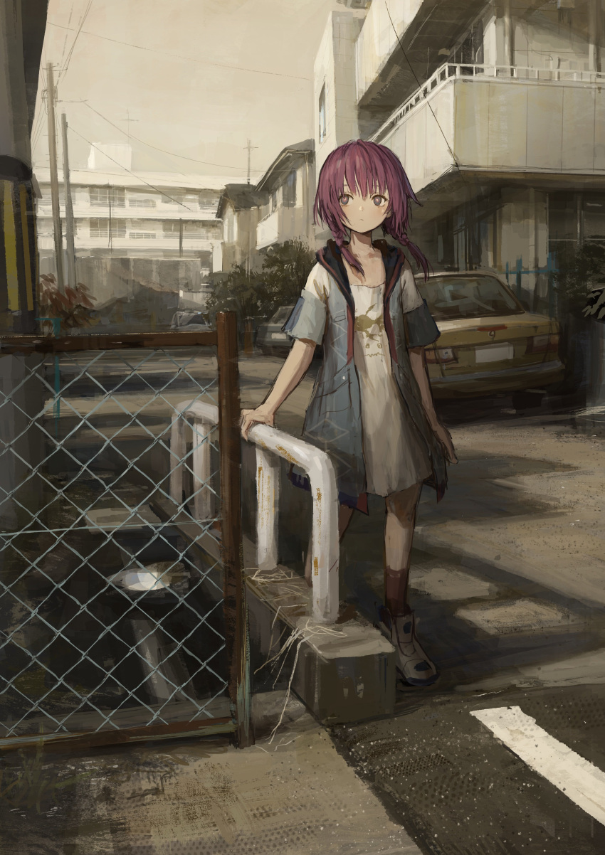 1girl absurdres building car cloud cloudy_sky fence ground_vehicle highres hood hood_down long_hair motor_vehicle original outdoors print_shirt purple_hair shion_(mirudakemann) shirt short_sleeves sky solo standing white_shirt wide_shot