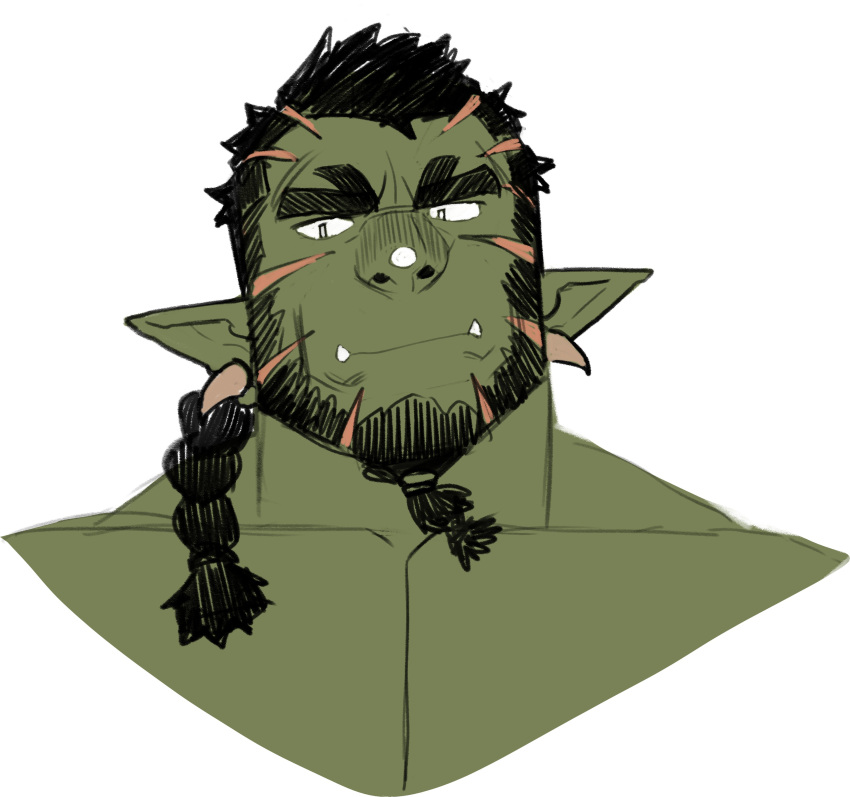 1boy absurdres bara beard black_hair colored_skin cropped_shoulders facial_hair fangs green_skin highres male_focus mature_male monster_boy muscular muscular_male nudo_(nu_nudo_do) orc original pectorals pointy_ears scar scar_on_face short_hair solo thick_eyebrows upper_body white_background