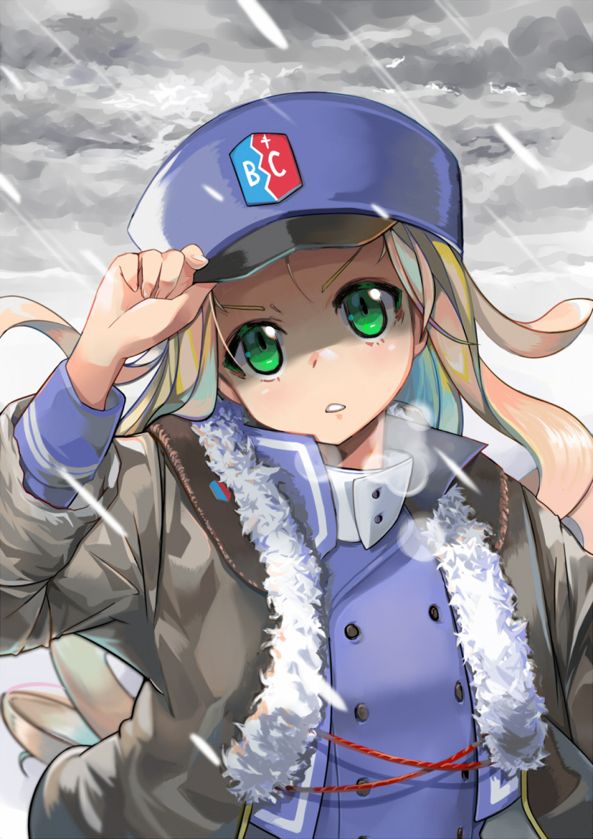 1girl adjusting_clothes adjusting_headwear bc_freedom_(emblem) bc_freedom_military_uniform black_coat blonde_hair blue_headwear blue_jacket blue_vest breath coat commentary dress_shirt drill_hair emblem frown fur-trimmed_coat fur_trim girls_und_panzer green_eyes grey_sky hat high_collar highres jacket kepi long_hair long_sleeves looking_to_the_side marie_(girls_und_panzer) military military_hat military_uniform monomono open_clothes open_coat outdoors overcast parted_lips rain shirt solo uniform upper_body vest white_shirt wind