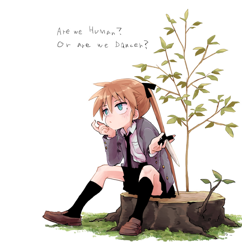 1girl absurdres black_legwear blonde_hair blue_eyes english_text hair_ribbon highres kill_me_baby knife long_hair long_sleeves necktie plant ribbon school_uniform sekichuu_(unholywars12) shirt sitting sitting_on_tree_stump skirt socks solo sonya_(kill_me_baby) tree_stump twintails