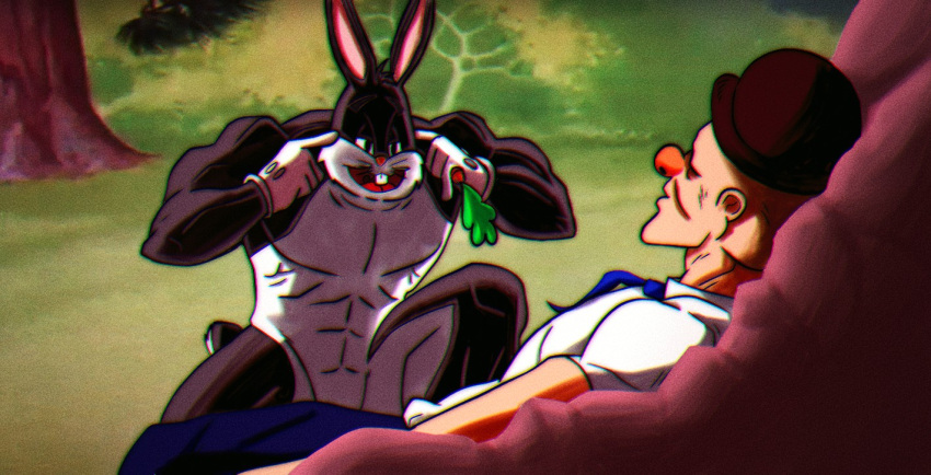 anthro big_chungus big_nose bugs_bunny carrot clothed clothing detailed_background duo elmer_fudd food gloves handwear hat headgear headwear human humor invincible_(comics) jideoc lagomorph leporid looney_tunes lying lying_on_ground male mammal meme multicolored_body muscular muscular_male necktie on_back outside plant rabbit think_mark_think! two_tone_body vegetable warner_brothers white_clothing white_gloves