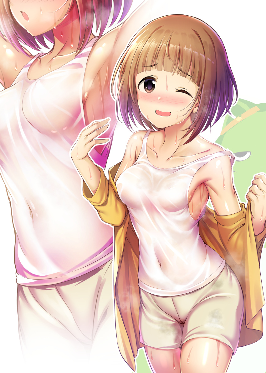 1girl absurdres armpits arms_up bangs blush breasts brown_eyes brown_hair collarbone commentary_request covered_navel covered_nipples cowboy_shot highres idolmaster idolmaster_cinderella_girls jacket kitami_yuzu ment one_eye_closed open_mouth short_hair shorts sideboob simple_background small_breasts smile standing tank_top wet white_background white_shorts white_tank_top yellow_jacket zoom_layer