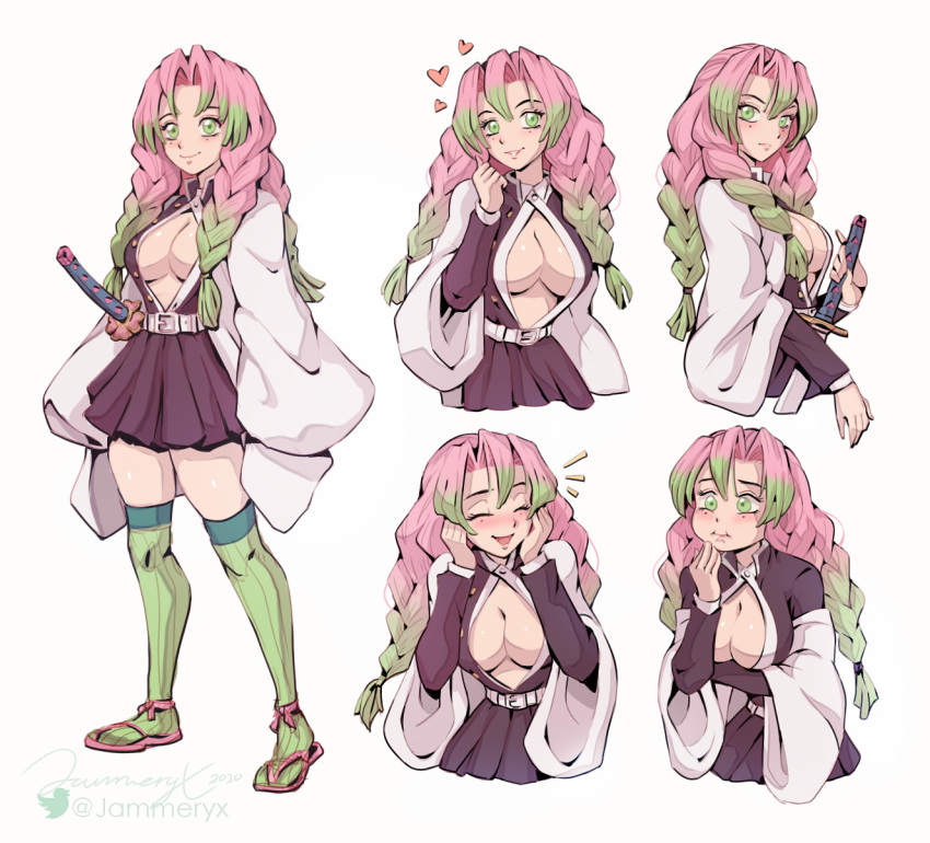 1girl belt blush breasts character_sheet cleavage gradient_hair green_hair green_legwear hands_on_own_cheeks hands_on_own_face haori heart highres jammeryx japanese_clothes kanroji_mitsuri kimetsu_no_yaiba large_breasts miniskirt mole mole_under_eye multicolored_hair partially_unbuttoned pink_hair sandals signature skirt smile solo sword thighhighs tri_braids twitter_username weapon white_belt