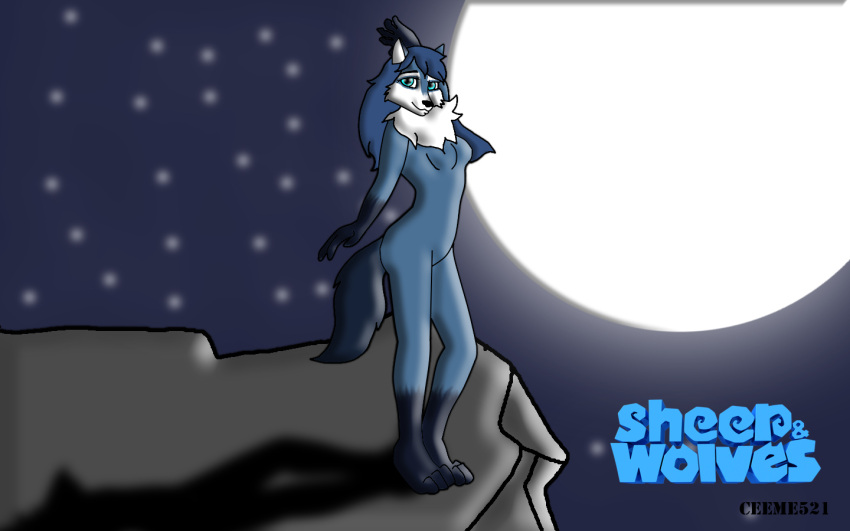 anthro bianca_(sheep_and_wolves) blue_body blue_eyes blue_fur blue_hair breasts canid canine canis casual_nudity ceeme521 cliff digital_media_(artwork) featureless_breasts featureless_crotch female fur hair light long_hair mammal moon moonlight night nude outside pose russian shadow sheep_and_wolves simple_background sky smile solo star starry_sky tuft wizart wizarts wolf