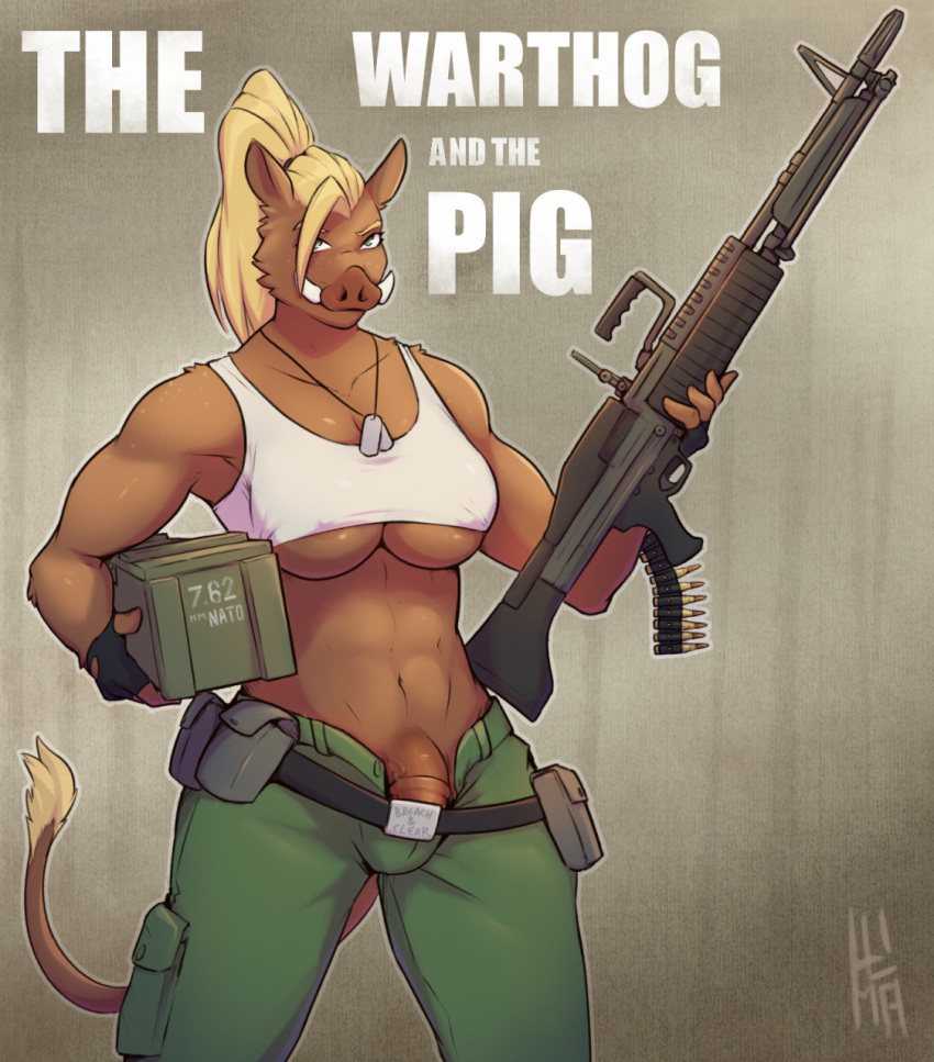 abs ammunition anthro belt blonde_hair bottomwear breasts clothing dog_tags dupllo genitals gun gynomorph hair hi_res intersex m60 machine_gun mammal muscular muscular_anthro muscular_gynomorph muscular_intersex pants penis ranged_weapon shirt solo solo_focus suid suina sus_(pig) tank_top topwear under_boob weapon wild_boar