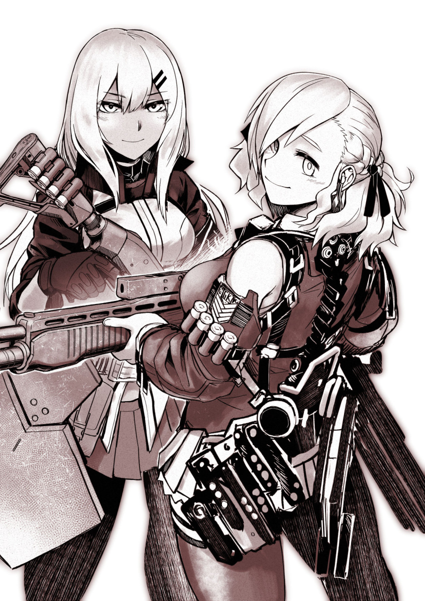 2girls bangs bare_shoulders braid breasts commentary_request cowboy_shot dark_skin didloaded earpiece exoskeleton french_braid girls_frontline grifon_&amp;_kryuger gun hair_between_eyes hair_ornament hair_ribbon hairclip highres holding holding_gun holding_weapon long_hair looking_at_viewer looking_back m590_(girls_frontline) medium_breasts monochrome mossberg_590 multiple_girls pleated_skirt ribbon shield shotgun shotgun_shells sidelocks skirt smile spas-12 spas-12_(girls_frontline) weapon