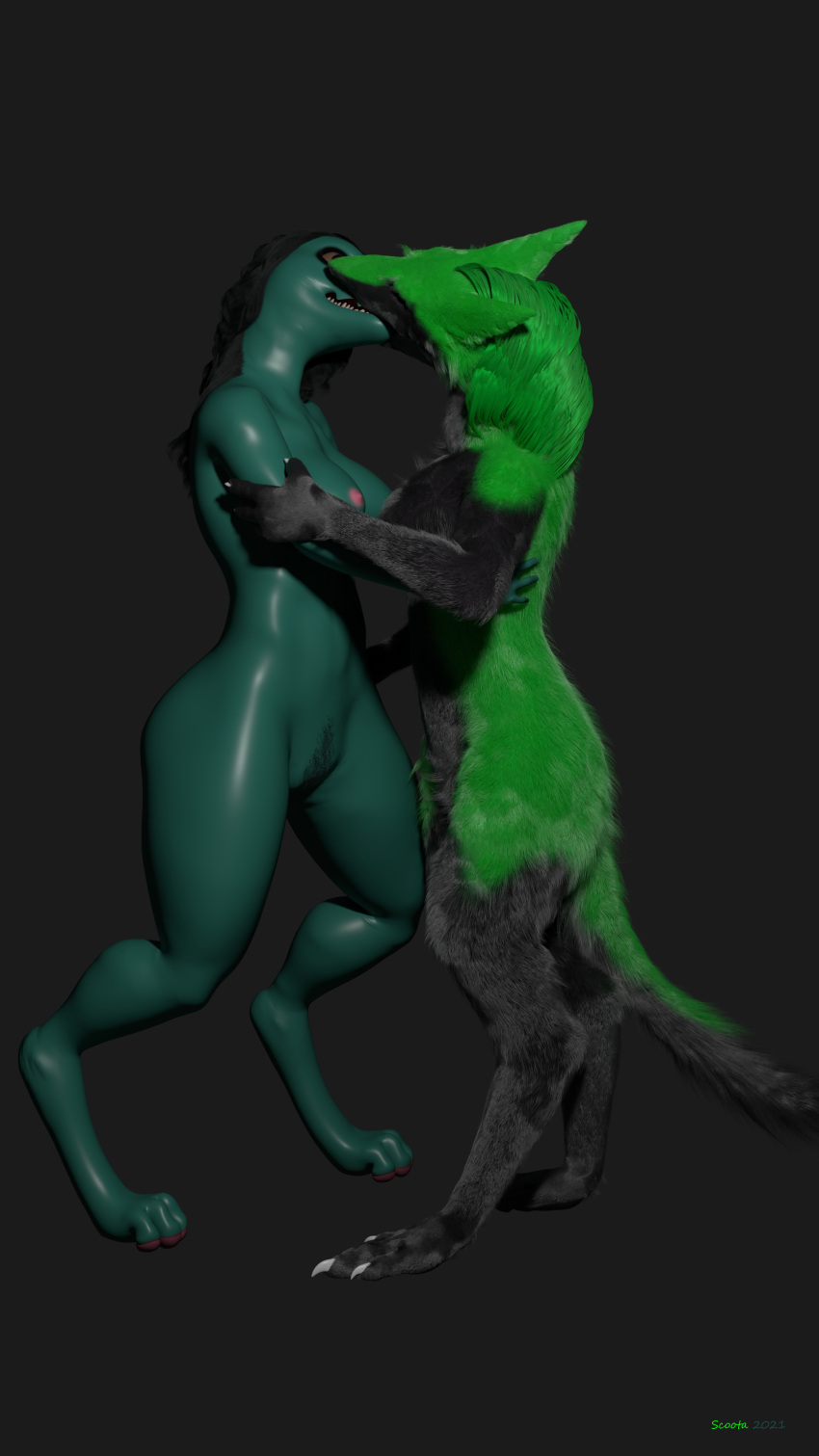 absurd_res anthro arm_grab breasts ceylidh_(scoota) dracanine duo female female/female fur hair hi_res hug invalid_tag kissing nipples pubes scoota sergal