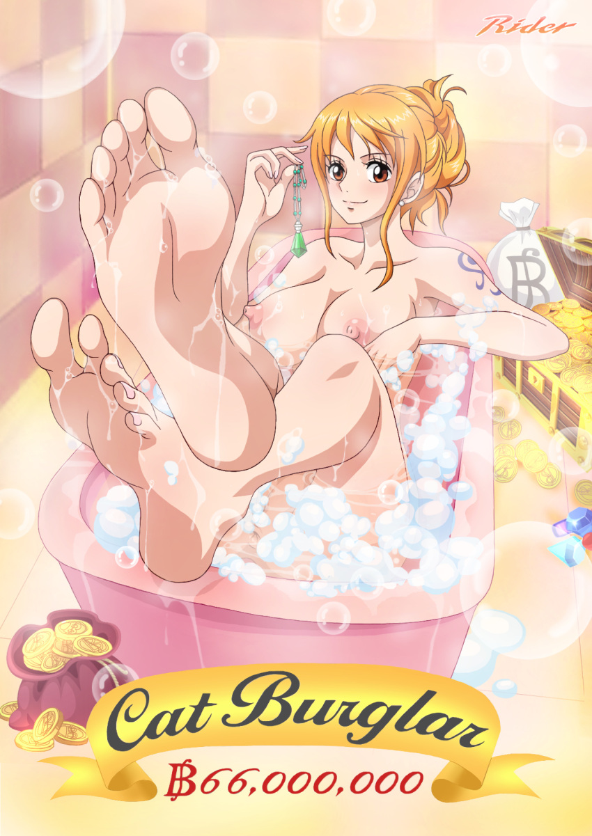 1girl arm_rest artist_name bath bathing bathtub breasts bubble_bath closed_mouth coin collarbone commentary_request completely_nude crossed_legs earrings english_text feet feet_up foreshortening gem hand_up highres holding indoors jewelry large_breasts leaning_back looking_at_viewer nami_(one_piece) nipples nude number one_piece orange_eyes orange_hair partially_submerged raida_(user_yypr5857) shoulder_tattoo sidelocks sitting smile soap_bubbles soles solo tattoo tied_hair tile_floor tile_wall tiles toenails toes treasure_chest water wet