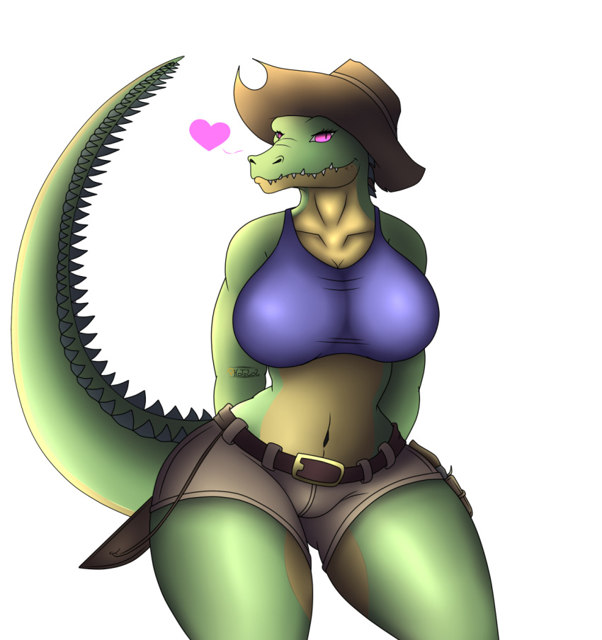anthro big_breasts bottomwear breasts clothing crocodile crocodilian crocodylid female halter_top hat headgear headwear hi_res knife looking_at_viewer midriff multicolored_body navel non-mammal_breasts photolol.03 purple_eyes reptile scalie shorts simple_background solo sydney_swamp_(vimhomeless) thick_thighs two_tone_body white_background wide_hips