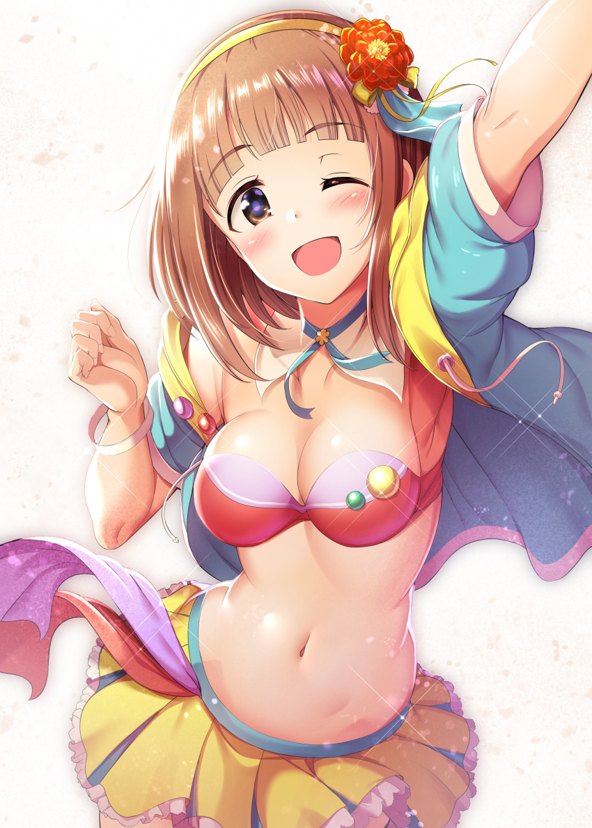 1girl :d absurdres arm_up armpits bangs bikini blue_jacket blunt_bangs blush bracelet breasts brown_eyes brown_hair cheering cleavage collarbone commentary_request detached_collar eyebrows_visible_through_hair flower frilled_skirt frills hair_flower hair_ornament hairband highres idolmaster idolmaster_cinderella_girls jacket jewelry kitami_yuzu looking_at_viewer medium_breasts ment navel one_eye_closed open_mouth pleated_skirt short_sleeves simple_background skirt smile solo standing swimsuit two-tone_jacket yellow_jacket yellow_skirt
