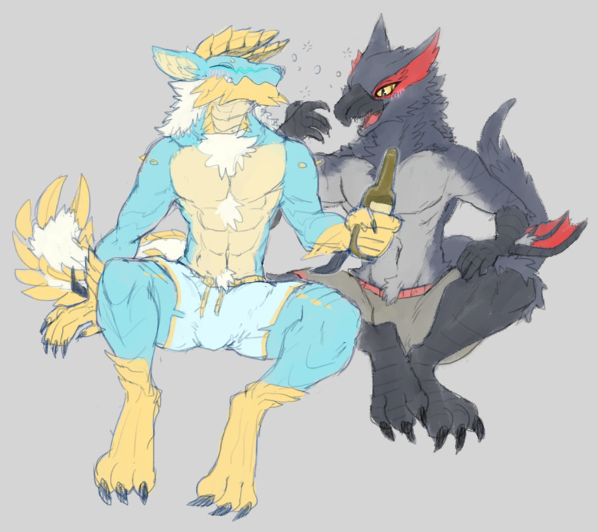 1oi anthro beverage blush bulge capcom clothed clothing conditional_dnp drunk duo fanged_wyvern flying_wyvern fur genital_outline hair hi_res horn male mammal monster_hunter nargacuga open_mouth penis_outline sitting sketch substance_intoxication tipsy video_games zinogre