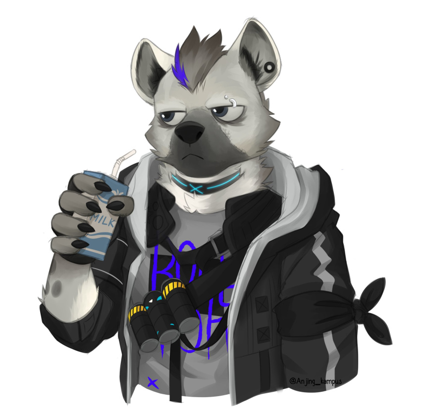 2020 anjing_kampuss anthro arknights clothed clothing duo fur gloves grey_body grey_fur hair handwear hi_res hyaenid hypergryph male mammal piercing simple_background solo spot_(arknights) spotted_hyena studio_montagne video_games