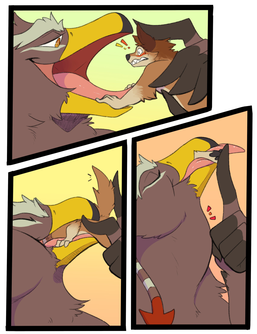 ! 2018 3_fingers absurd_res anthro anthro_pred anthro_prey avian beak bird black_border blush border brown_body brown_feathers brown_fur canid canine canis cheek_bulge clenched_teeth comic dergorb digital_media_(artwork) duo emanata eyes_closed feathers fenris_(digitalhowl) fingers fur grey_body grey_feathers head_first hi_res male male_pred male_prey mammal motion_lines multicolored_body multicolored_feathers multicolored_fur narrowed_eyes neck_bulge open_beak open_mouth open_smile oral_vore orange_eyes pink_tongue renvar_(renvargryph) smile soft_vore tan_body tan_feathers tan_fur teeth tongue tongue_out vore wide_eyed wolf yellow_beak