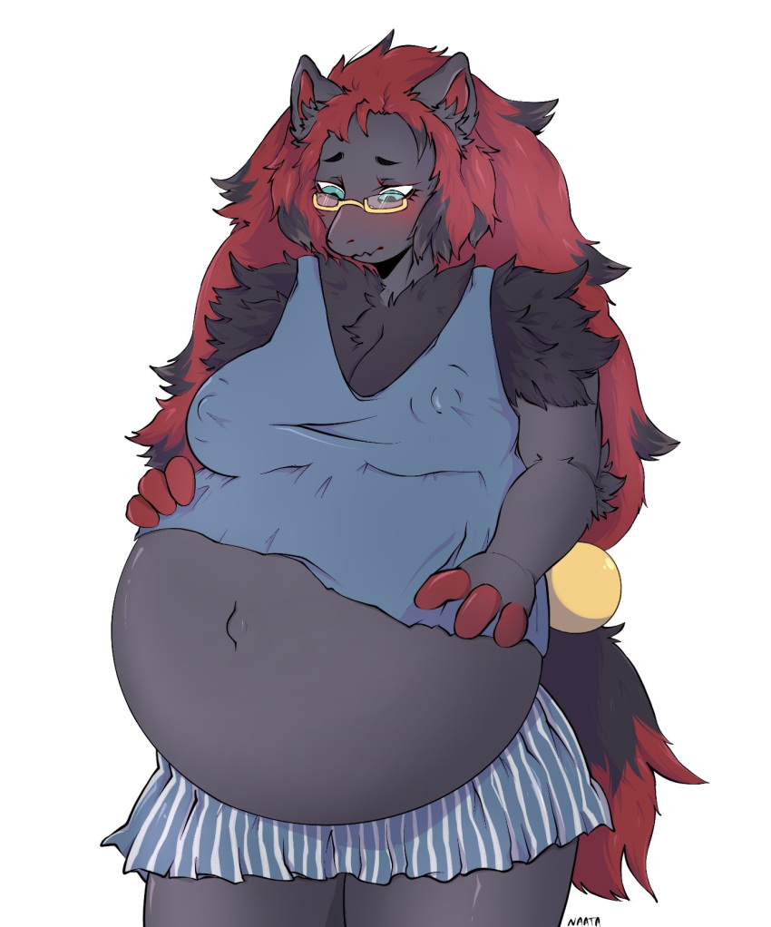 anthro anthrofied belly big_belly blue_eyes blush bottomwear clothing embarrassed eyewear female glasses hi_res looking_down naata nintendo nipple_outline pok&eacute;mon pok&eacute;mon_(species) pregnant shirt skirt solo tank_top tight_clothing topwear video_games yellow_eyewear yellow_glasses zoroark