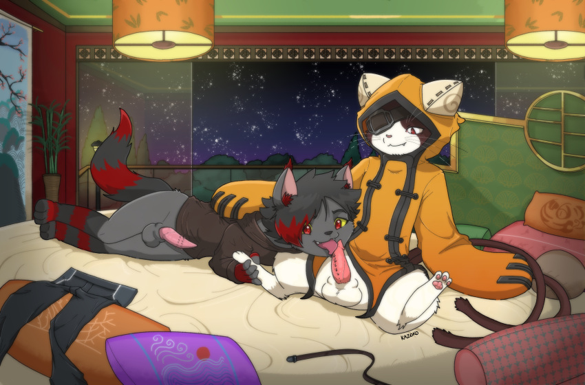 absurd_res anthro balls bed bedroom black_body black_fur blazblue clothing detailed_background domestic_cat duo eye_patch eyewear fangs felid feline felis fellatio feral fur furniture genitals grey_body grey_fur hi_res hoodie jubei_(blazblue) kazoko_(artist) male male/male mammal multicolored_body oral pawpads paws penile penile_spines penis red_eyes sex tapering_penis topwear two_tone_body video_games white_body white_fur