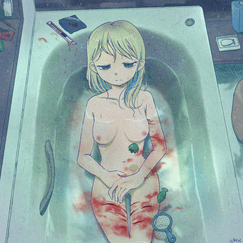 1girl artist_name bangs bath bath_toy bathtub blonde_hair blood blue_eyes breasts depressed fish fishing_net food fruit guro half-closed_eyes hands_together indoors kihachisu knife medium_breasts messy_hair navel net nipples noise nude original partially_submerged sad scar scar_on_arm scar_on_leg self-mutilation sitting soap solo strawberry water wrapper wrist_cutting