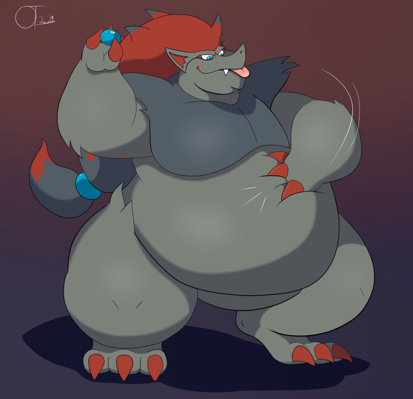 absurd_res anthro belly berry black_belly black_body black_fur claws food fruit fur grey_belly hair hand_on_stomach hi_res holding_food holding_object male morbidly_obese morbidly_obese_anthro morbidly_obese_male nintendo obese obese_anthro obese_male ogretusks oran_berry overweight overweight_anthro overweight_male plant pok&eacute;mon pok&eacute;mon_(species) red_hair solo standing video_games zoroark