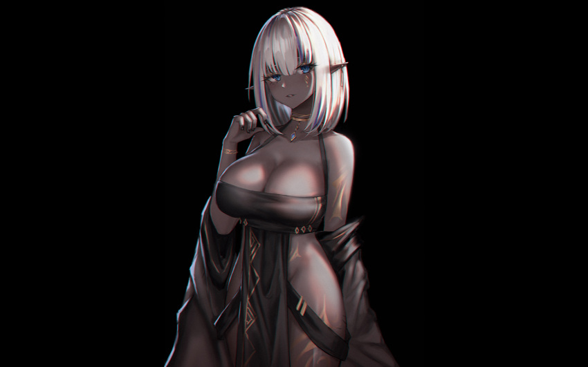 black blue_hair breasts cleavage dark_skin original pointed_ears short_hair third-party_edit white_hair yurichtofen