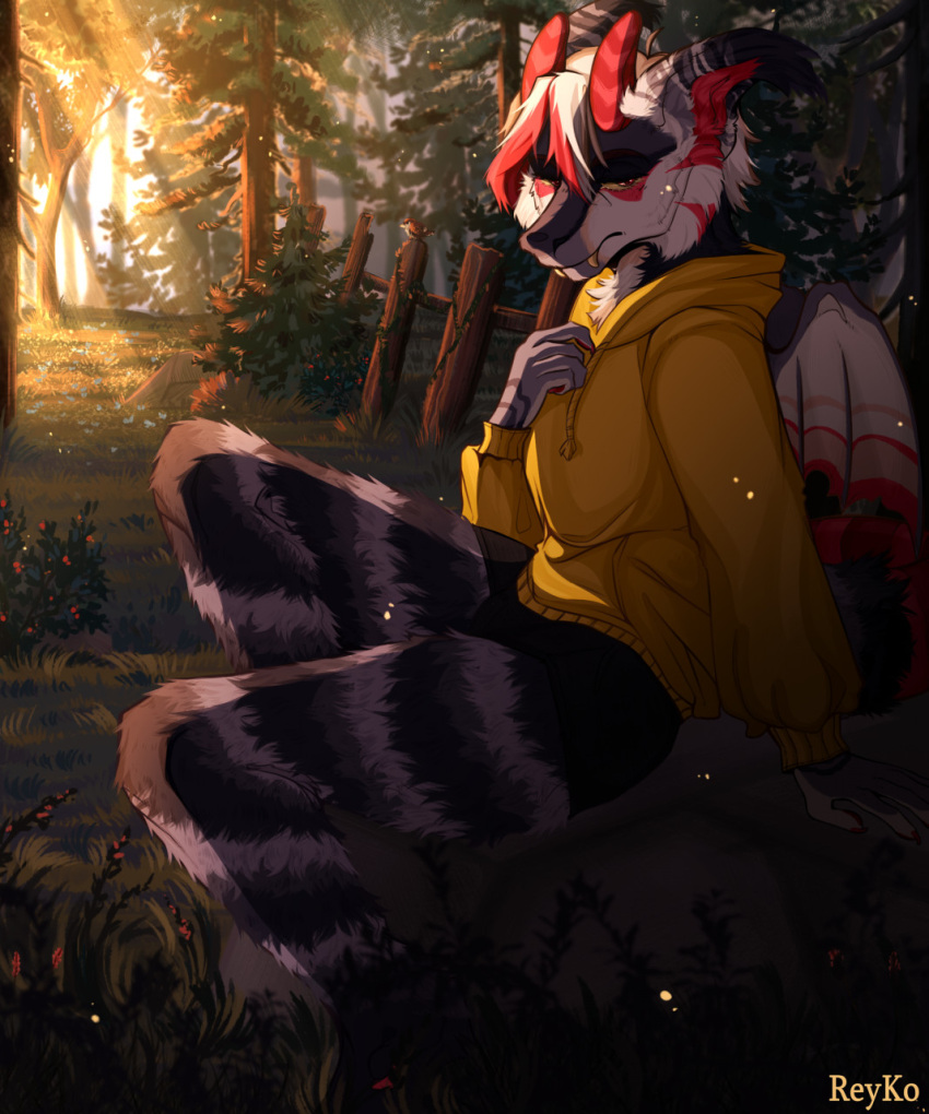 4_toes 5_fingers anthro canid canine canis clothed clothing feet female fingers flower fur grass half-closed_eyes hi_res horn looking_at_viewer male mammal mount narrowed_eyes nature plant raised_tail red_body red_fur reykoli sad solo sun teeth toes tree white_body white_fur wolf