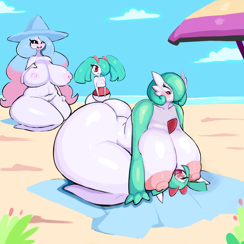 absurd_res anthro beach big_breasts big_butt big_nipples breasts butt female gardevoir genitals group hair hair_over_eye happy hatterene hi_res huge_breasts huge_butt hyper hyper_butt kirlia looking_pleasured nintendo nipples nude one_eye_obstructed pok&eacute;mon pok&eacute;mon_(species) puffy_nipples pussy red_eyes sath15 seaside size small_breasts smile thick_thighs video_games